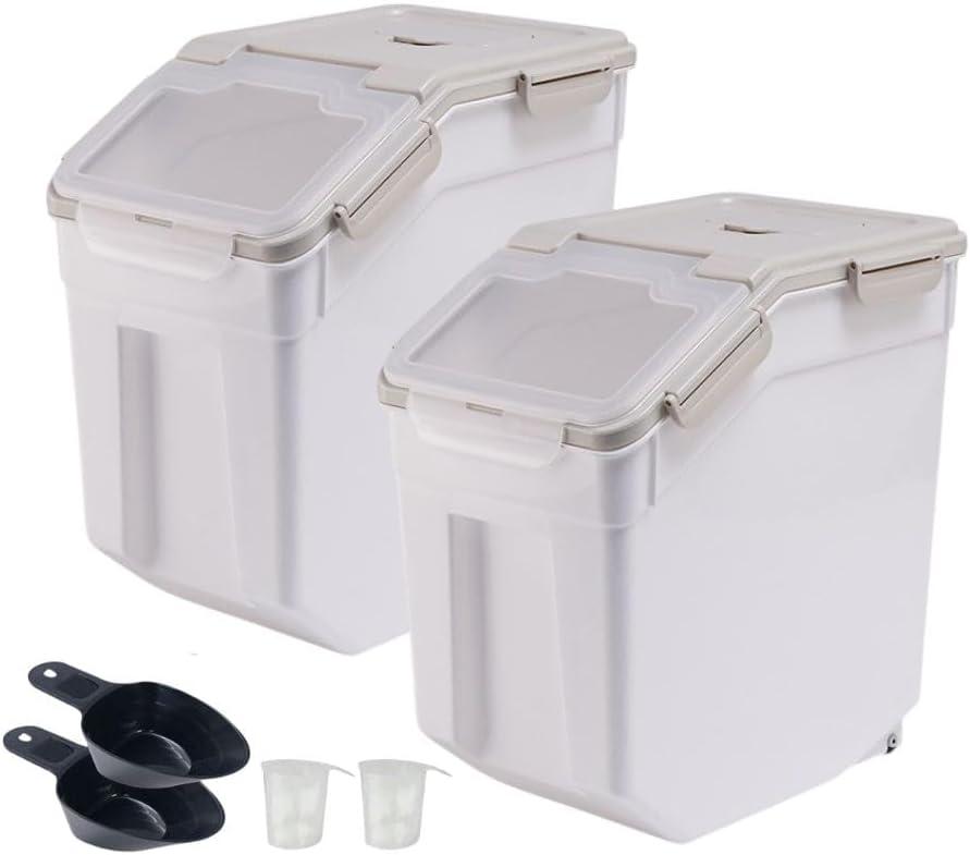 2 Pack Rice Storage Container 25 lbs, Airtight Flour Storage Containers with Lid and Wheels, Measuring Cup & Scoop, BPA Free, Bulk Food Dispenser for Sugar, Grain, Cereal, Dog Food (Grey)