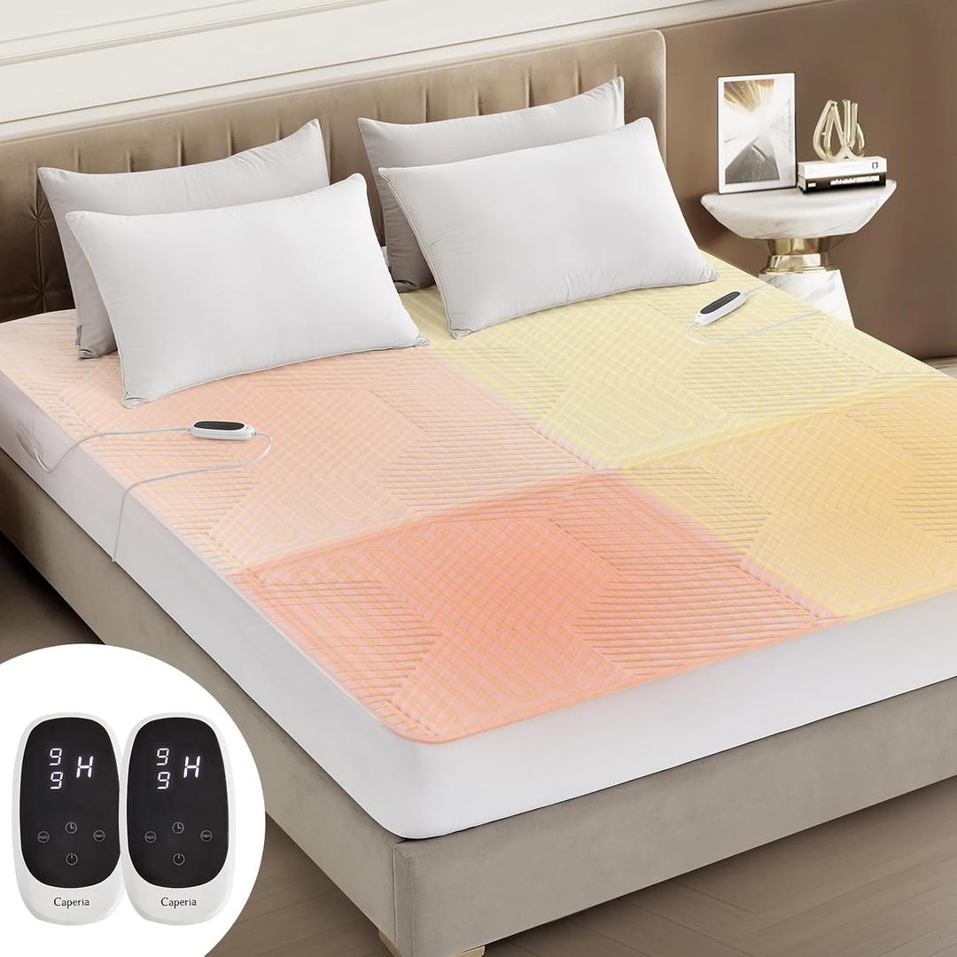 Caperia Multizone Waterproof Heated Mattress Pad, Individual Body & Feet Electric Mattress Bed Warmer 9 Heat Settings, 1-12 Hours Auto Off, Deep Pocket, Fast Heating, Machine Washable Queen, 60" x 80"