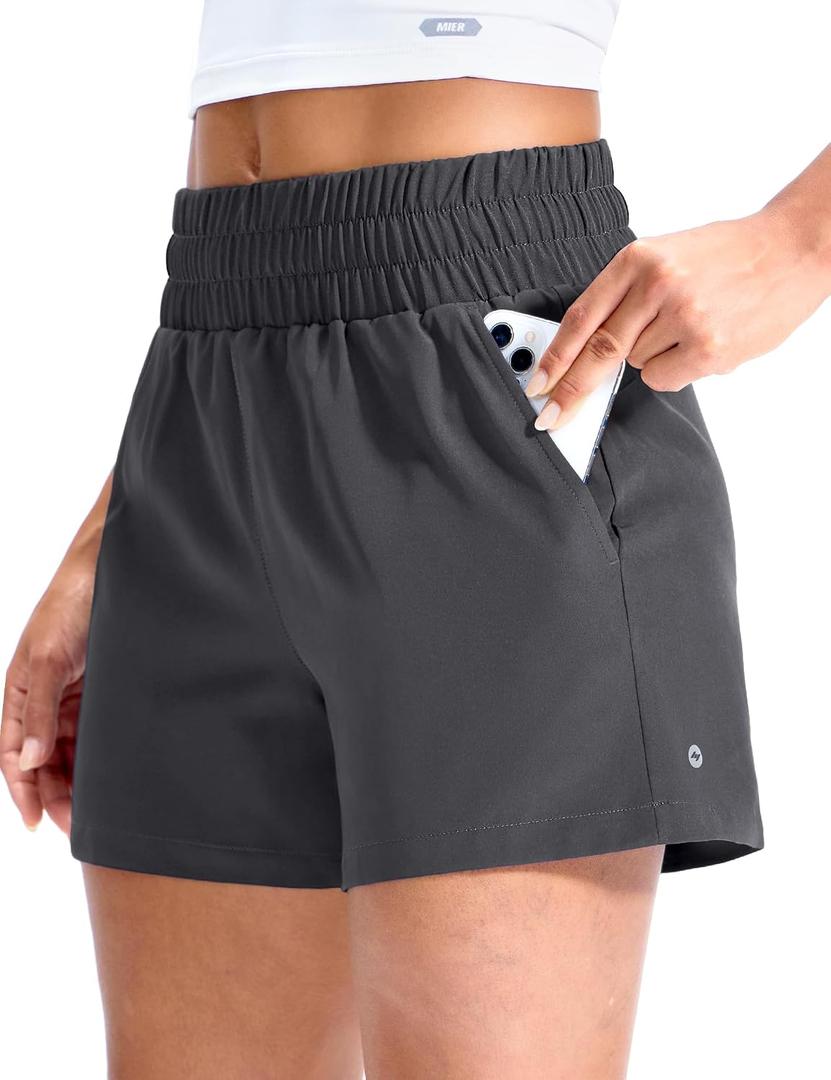 MIER Running Shorts for Women Quick Dry Mid Waisted Athletic Workout Gym Shorts with Mesh Liner, 4 Inch Inseam, 3 Pockets (Gray, XS)