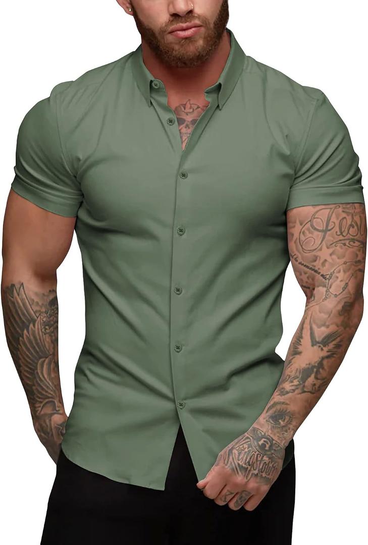 URRU Men's Muscle Dress Shirts Slim Fit Stretch Short Sleeve Casual Button Down Shirts for Men,small