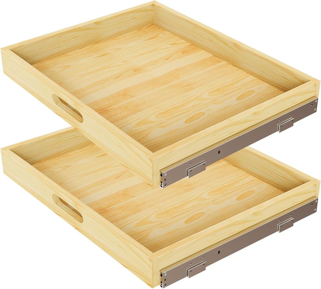 Petpvilit 2 Set Pull Out Cabinet Organizer, Soft Close Slide Out Wood Drawer Storage Shelves for Kitchen, Base Cabinet Organization for Pantry, Finished, Heavy-Duty, Bottom Assembly (27” W x 21” D)