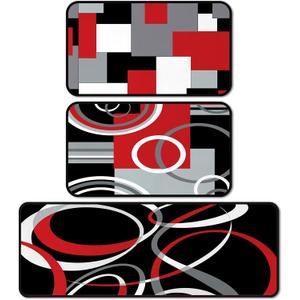 3 Pcs Red Black Geometric Kitchen Rugs and Mats Set Anti Fatigue Floor Mat Non Slip Washable Modern Abstract Runner Rug Minimalist Kitchen Decor for Home Office Bathroom, 17" x 30"+17"x47"