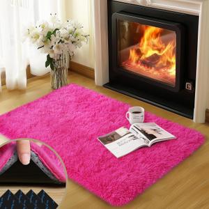2x3 Rug for Bedroom, Fluffy Area Rugs for Living Room, Small Soft Shag Fuzzy Shaggy Carpets for Kids Boys and Girls Dorm with 4 Non-Slip Rug Tapes for Room Home Decor (2ft x 3ft, Hot Pink)