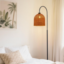 MAYNA Arc Floor Lamp with Woven Rattan Shade, Matte Black Standing Reading Light with Curved Arm & Foot Switch, Tall Boho Mid-Century Lamp for Living Room Bedroom Coastal Rustic Decor, Bulb Included