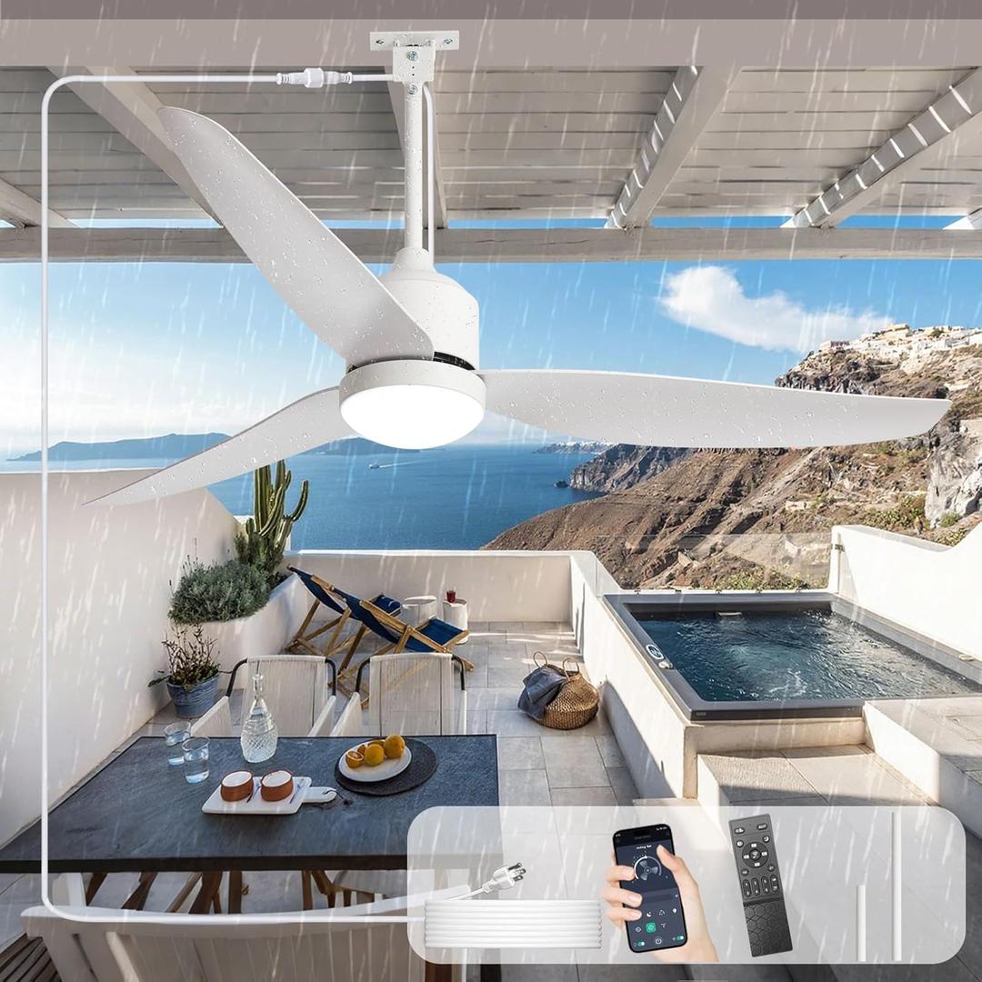 Depuley Outdoor Ceiling Fan with Light: 52 Inch Waterproof Gazebo Fans with Lights Outdoor Hanging - Plug in Remote App Control for Patio Indoor Farmhouse Porch - White 6 Speed Reversible DC Motor