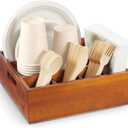 Wood Utensil Holder for Party, 6-Compartment Paper Plate Organizer with Handles, Wooden Silverware Caddy for Picnic, Camping, BBQ, Buffet, and Kitchen Countertop Organization, Brownish red