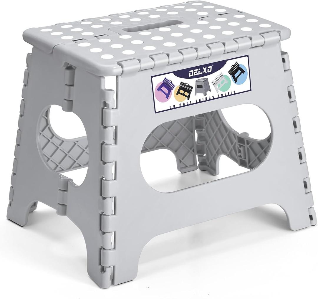 Delxo Folding Step Stool, 11 inch Non-Slip Foldable Stools for Kids & Adults Up to 300 LBS, Step Stool with Handle, Lightweight for Kitchen, Bathroom, Bedroom, Garden, Grey, 1PC (Gray)