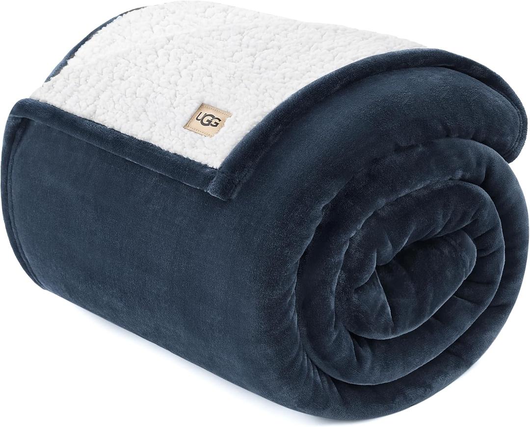 UGG Ariana Twin/Twin XL Blanket Fleece Fluffy Reversible Soft Fuzzy Bedding Plush Warm Oversized Bed Blanket Washable Bedroom Decor for Dorm Room Essential, 60-inch x 90-inch, Navy Blue