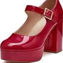 Coutgo Women's T-Strap Round Toe Platform Heels Chunky Heel Patent Mary Jane Dress Shoes (10, Burgundy)