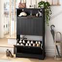 Shoe Storage Cabinet with 2 Flip Drawers, 24" W Farmhouse Modern Hidden Shoes Rack Cabinet with Adjustable Shelves & Open Storage, Narrow Slim Shoe Organizer for Front Door Entrance, Entryway, Black