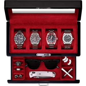 ROTHWELL 4-Slot Piano Black Watch Box with Valet Drawer - Premium Jewelry Display Case Organizer with Locking Glass Top and Microsuede Liner for Men & Women (Red Interior)