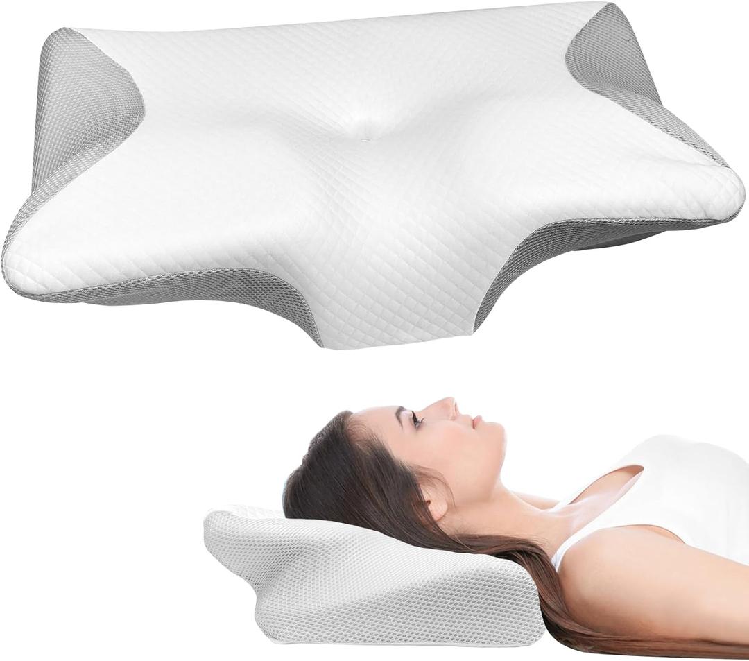 Neck Pillow, Memory Foam Cushion, Orthopedic Pillow, Neck Pillow, Ergonomic Pillow, Pillow for Sleeping, Back or Stomach  23.23" x 14.57" x 4.7" ( White and Grey )