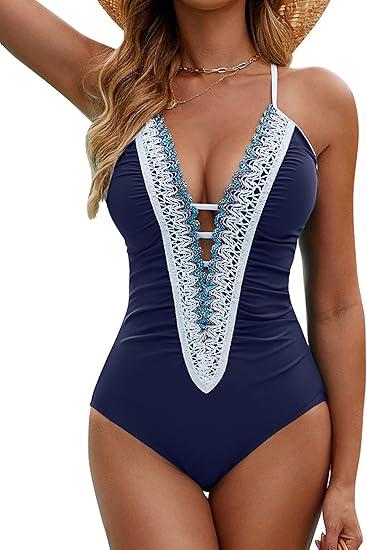 BMJL Women's Sexy One Piece Swimsuit Ruched Tummy Control Bathing Suit Plunge Color Block Swimwear 2026 (Deep Blue, S)