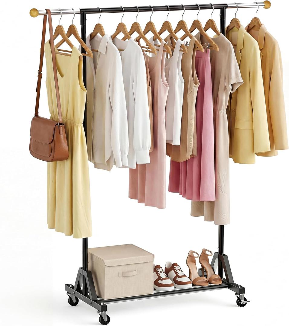Rolling Garment Rack - Retractable Clothes Rack with Hanging Rods, Lockable Wheels and Bottom Storage Shelf - Sturdy Coat Rack, Freestanding Clothing Organizer for Bedroom, Laundry & Closet, 16.9"D x 48.4"W x 56.7"H