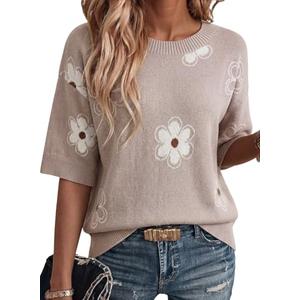 Dokotoo Short Sleeve Sweaters Womens Crewneck Floral Pullover Sweater Cute Summer Tops for Women Trendy Blouses Business Casual Outfits Soft Cotton Women Fashion Clothing Gray XL