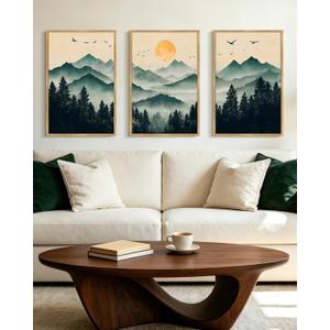 PHOPAGO Green Fog Pine Tree Mountain Landscape Framed Wall Art 16x24in Watercolor Nature Misty Forest Artwork Paints Sun Rise Rustic Farmhouse Home Decor - Natural Framed