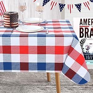 Fitable 4th of July Checkered Tablecloth 60x 84 Inch, Vinyl Independence Day Tablecloth with Flannel Backed Plaid Rectangle Memorial Day Table Cloth for Outdoor Picnic Dining, Blue Red and White
