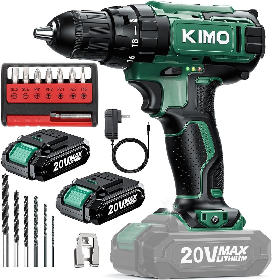 KIMO 20V Cordless Drill Set with 2 Packs 2.0Ah Battery, Max 350 In-lb Torque, 1350 RPM, 3/8" Keyless Chuck, 18+2 Clutch Setting, 18pcs Accessories, Power Drill for Drilling Wood Bricks Walls Metal