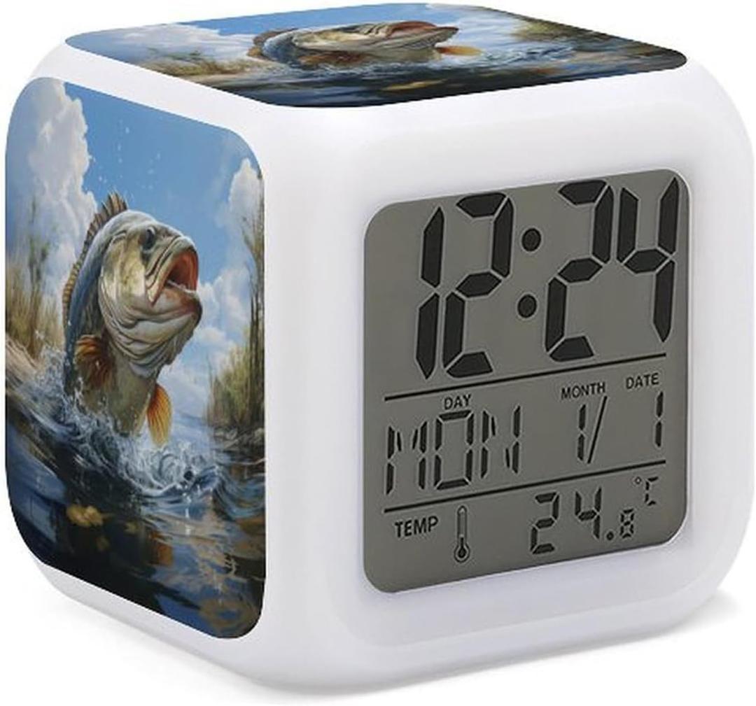 Alarm Clock for Kids Boy Girl 7 LED Color Changing Wake Up Clock Home Decor Bedroom Digital with Temperature Display (Bass Fish)