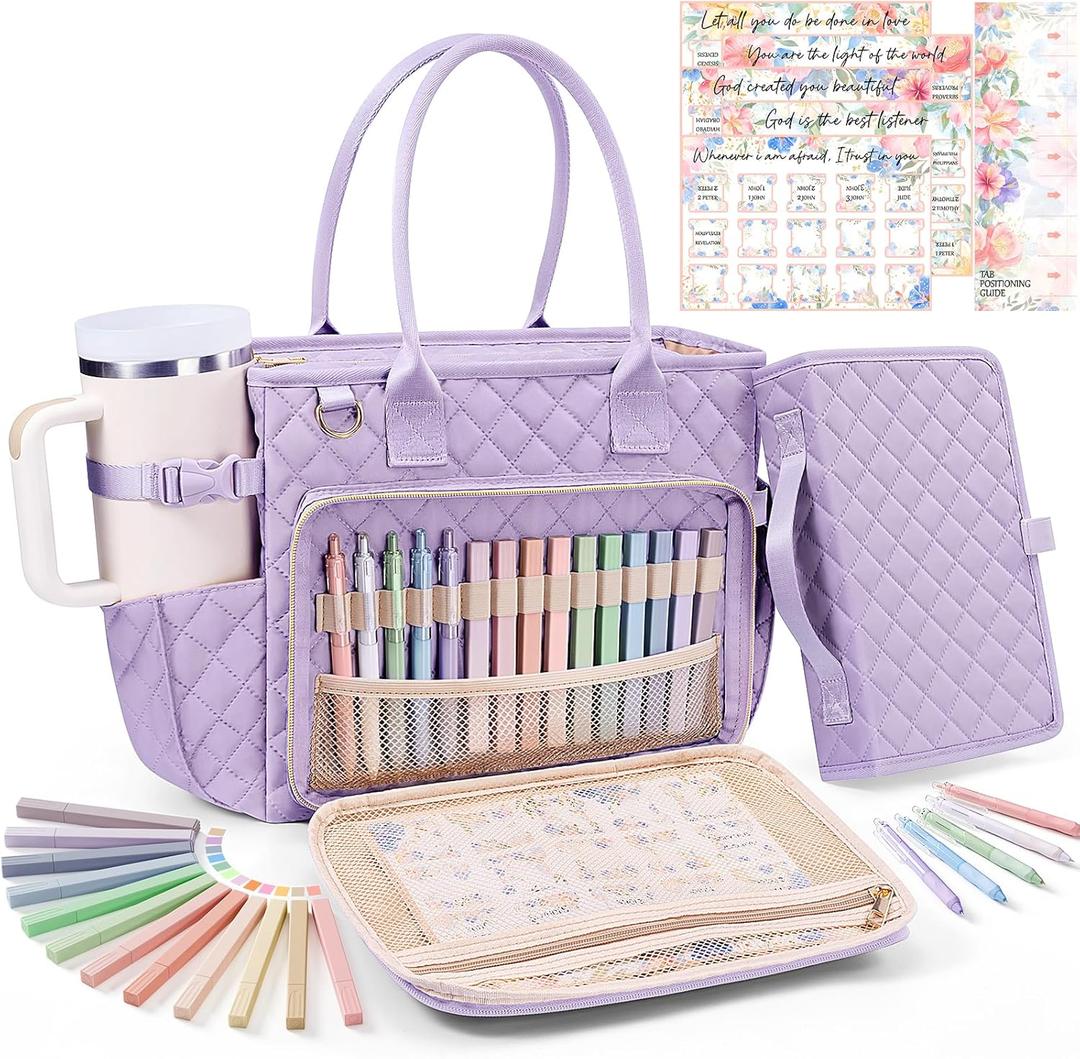 Large Bible Bag with Bible Cover Case for Women, Quilted Church Tote Bag Carrying Case w/Shoulder Strap Bible Study Supplies Journaling Kit Accessories Mothers Day Christian Gift for Women Mom Teacher