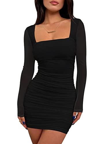 BORIFLORS Women's Sexy Ruched Bodycon Mini Dress Mesh Long Sleeve Club Party Short Dresses, X-Large, Black, Was used, Smell