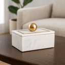 Decorative Marble Box with Knob for Home Decor - Keepsake Box with Brass Inlay and Lid for Trinkets, Jewelry, and Home Organizer - Storage Boxes for Shelves and Living Room Accent - 6", White & Gold