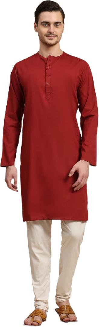 SKAVIJ Men's Pure Cotton Solid Kurta Pajama Set Round Neck Daily Wear Casual Yoga Dress (Red, XL)