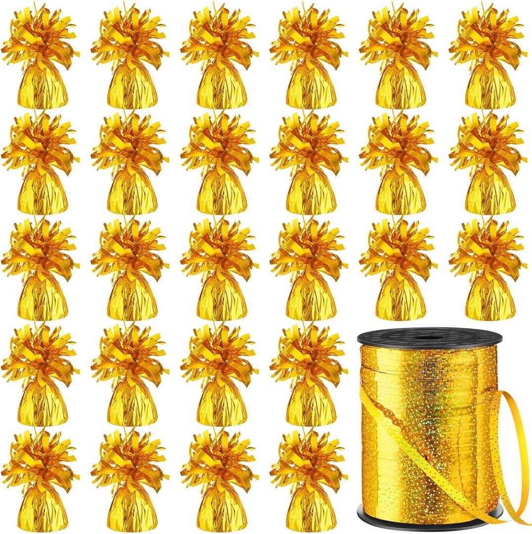 Yunsailing 24 Pcs Balloon Weights Metallic Holder Anchors with 1 Roll Iridescent Ribbon Centerpieces Decoration for Helium Balloons Birthday Wedding 2025 Graduation Party(Gold)
