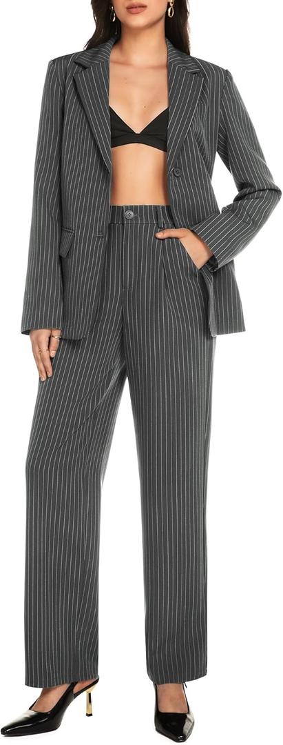 Casly Lamiit Women's 2 Piece Pant Suit Business Casual Outfits Striped Notched Collar Blazer Wide Leg Pants Sets (X-Large, Dark Grey)