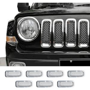 Front Grille Grill Mesh Insert Decoration Trim Cover Compatible with 2011-2016 Jeep Patriot, ABS Chrome 7pcs