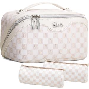 BOYATU Travel Makeup Bag Organizer Cosmetic Bag: 3 Pcs Set Make up Bags for Women with Handle - Waterproof Vegan Leather Toiletry Bags Travel Essentials Pouch with Compartments (H-04-Orange)