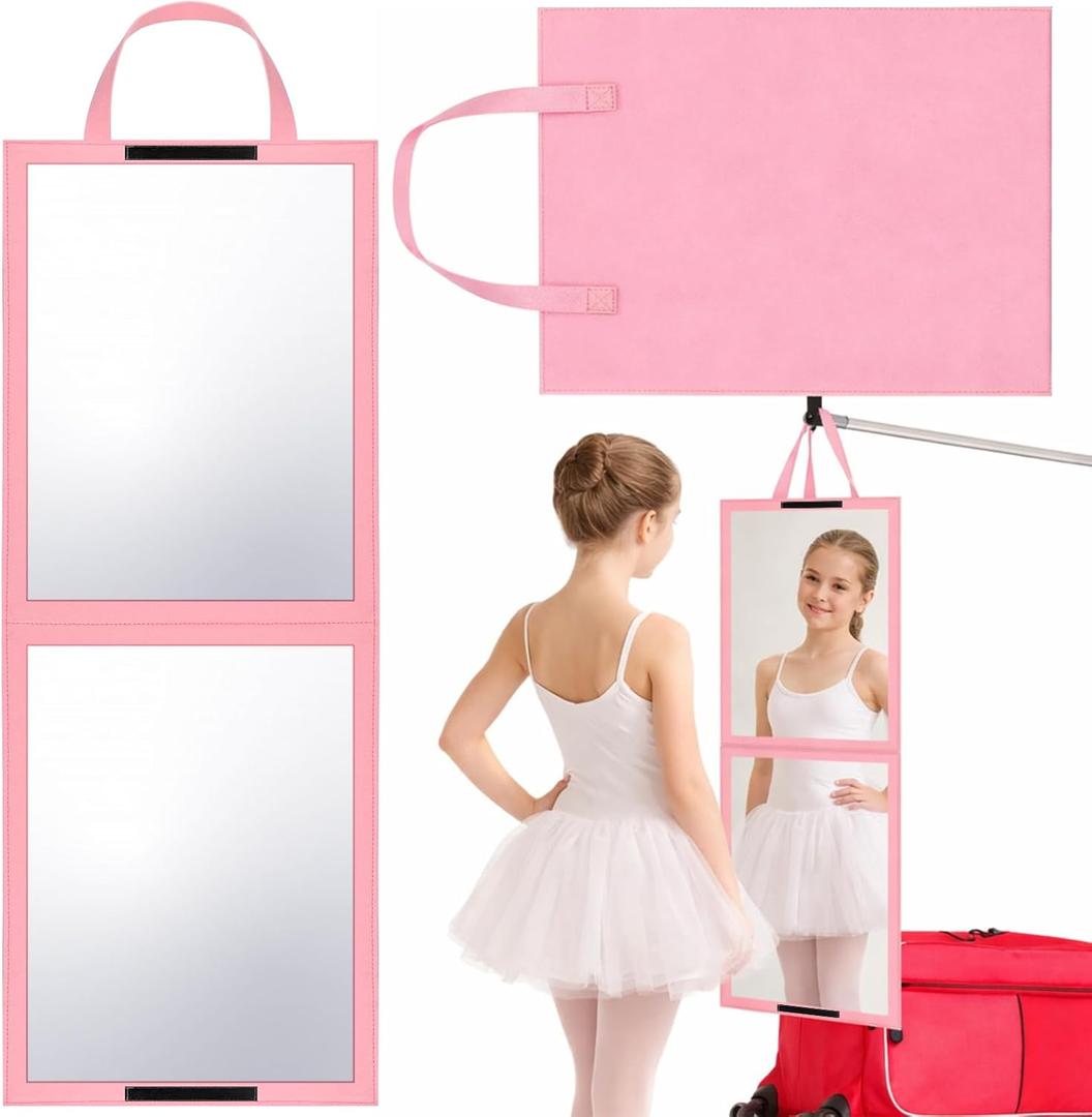 GlikCeil Foldable Portable Full Length Mirror for Dancer, Camping, Travel Pink 33.5" x 13.4" Portable Hanging Folding Mirror with Handle for Dance Competition Travel Full Body Backstage Mirrors