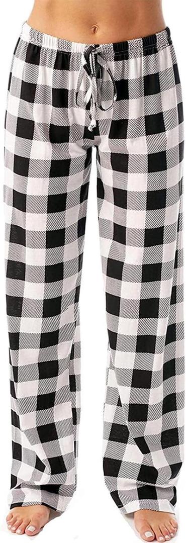 Plaid Pajama Pants Women Baggy Comfy Drawstring Elastic Waist Wide Leg Lounge Pants Flannel Palazzo Pants Sleepwear Black
2XL
