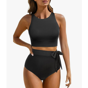 Aqua Eve Women High Waisted Bikini Set Racerback Swimsuit Two Piece Bathing Suit High Neck Swimwear M