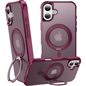 360 Magnetic Swivel Ring for iPhone 16 case, Built-in Metal Stand and Ring Holder, Magsafe Compatible, Military Grade Protection, Shock and Vibration Resistant - Wine Red