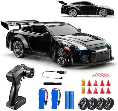 RC Drift Car, 1:24 Scale Remote Control Vehicle with LED Lights, 2.4GHz 20KM/H 4WD High Speed RC Cars, Drifting Tires＆Two Batteries, Racing Sports Toy Idea Gift for Adults Boys Girls and Kids (Black)