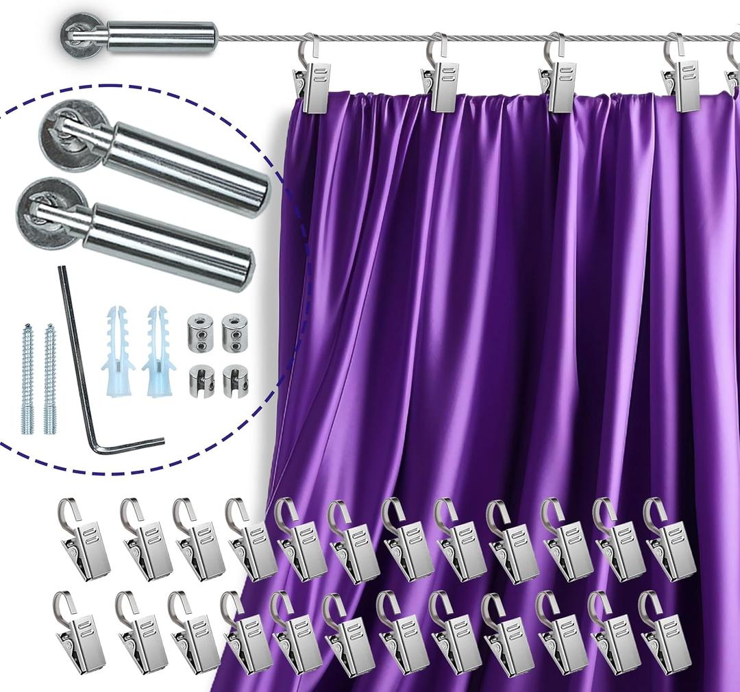 UrbanRed 16.4 FT (5m) Adjustable Indoor Outdoor Wire Curtain Rod Room Divider Hanging System with 24 Clips Wire Hanging System, Clothesline Clothes Hanger Kids Craft Art Decoration on Walls