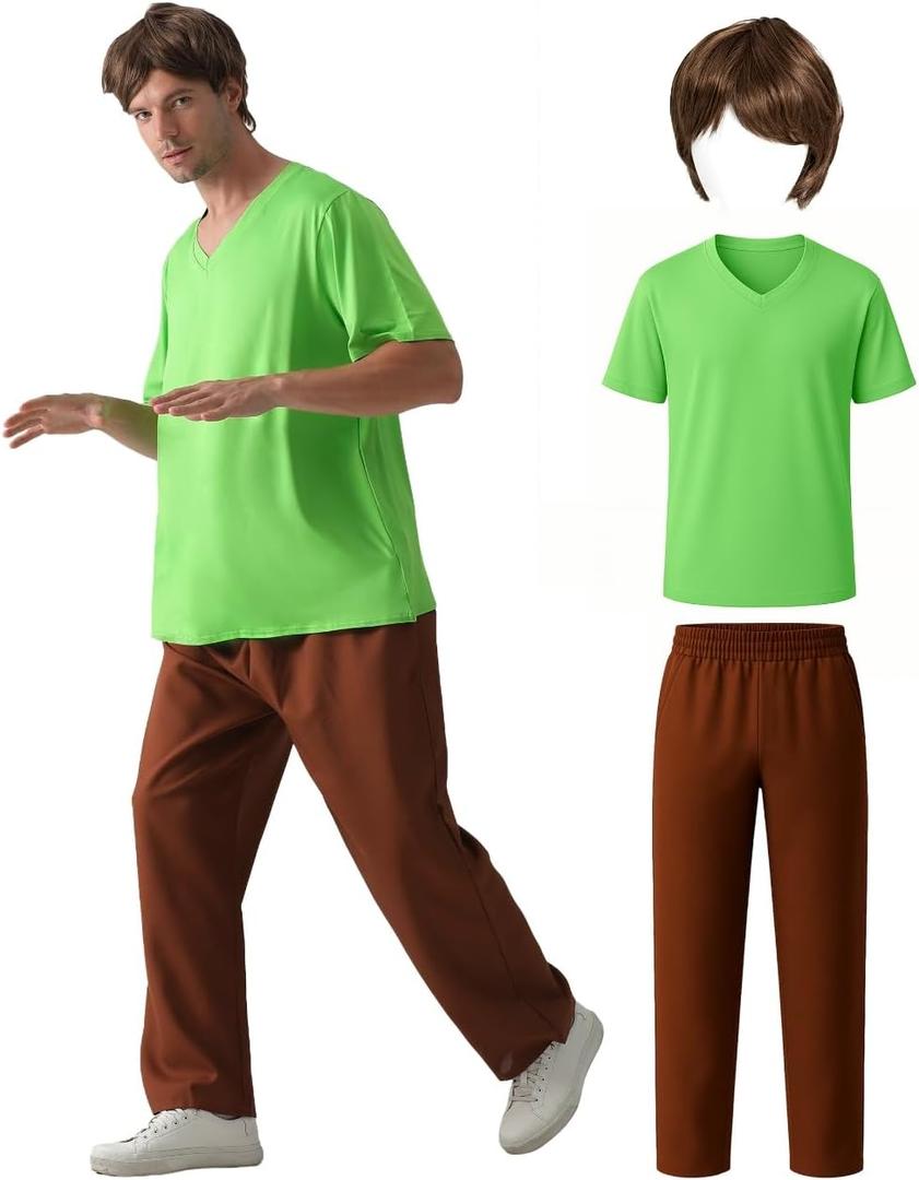 Men's Halloween Deluxe Costume Set - Complete Outfit with Brown Wig, Green T-Shirt, Brown Pants (XXL-Large)