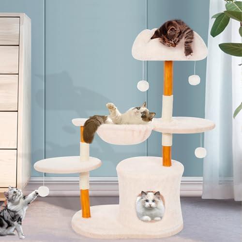 Cute Cat Tree Tower for Indoor Cats Adult, Wood Flower Cat Trees with Cat Hammock, Modern Cat Tree Tower with Scratching Post, Aesthetic Luxury Cats Condo for Cats Kitten(Alpine White)