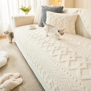 vctops Boho Jacquard Plush Sofa Cover Fluffy Fuzzy Couch Cover for Dogs Soft Cozy Non Slip Sectional Sofa Slipcover Washable Furniture Protector for Kids, Pets (Cream,36"x70")