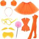 Orange Furry Character Costume Set with Orange Hair Headband Tutu Skirt Gloves Socks Mustache Eyebrows Glasses for World Book Day Cosplay