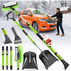 Upgrade 60" Snow Brush&Shovel with 2 Ice Scrapers for Car Windshield, Extendable Snow Car Brush with 2 Telescoping Pole,360 Pivoting Snowbrush Head Detachable Ice Scraper for Truck Snowing Removal