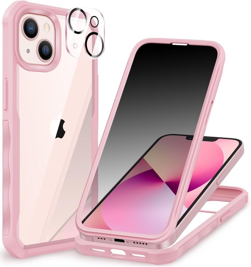 CENHUFO for iPhone 14 Case/iPhone 13 Case, Privacy Phone Cover with Built-in Anti Peep Tempered Glass Privacy Screen Protector and Camera Lens Protective Full Body Shockproof Clear Bumper - Pink