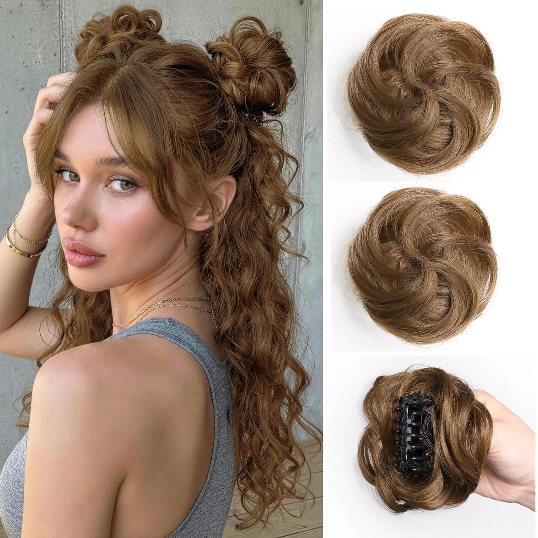2 Pack Messy Space Buns Hair Piece for Women, Mini Claw Clip in Hair Bun Extensions, Fake Hairs Pieces for Updos, Small Double Clip on Buns Wig Accessories for Women Girls Cosplay Brown