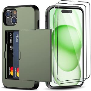 for iPhone 15 Wallet Case with Card Holder + 2 Tempered Glass Screen Protector Heavy Duty Protective Dual Layer Shockproof Hidden Card Slot Slim Case Women Men 6.1 inch (Deep Green)