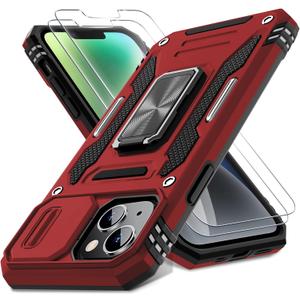 DEERLAMN Case for iPhone 13/iPhone 14 6.1-Inch with Slide Camera Cover+Screen Protector(2 Packs),Rotated Ring Kickstand Military Grade Shockproof Protective Cover-Red