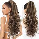 ALXNAN Ponytail Extension,24 Inch Claw Clip in Long Curly Wavy Chocolate Brown with Highlights Ponytail Hair Extension Jaw Clip on Pony Tails Hairpiece for Women