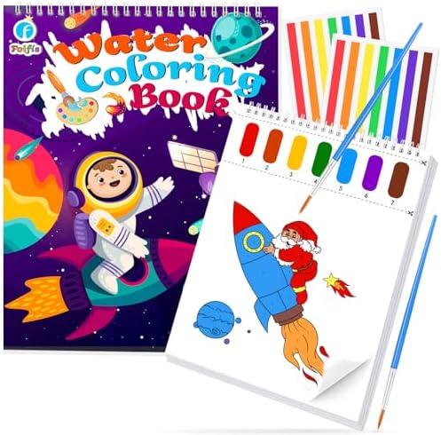 Paint with Water Coloring Books for Toddlers, Watercolor Painting Book and Drawing Art Paper for Kids Ages 3 4 5 6 7 8 Years Old, Outer Space Art Craft for Drawing with Brush 2 Pack