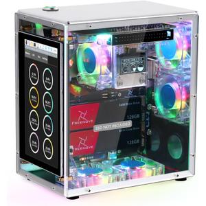 Freenove Raspberry Pi 5 NAS Case Kit, Quad M.2 NVMe SSD Slots, 5 PWM ARGB Fans Light Sync, CPU Tower Cooler, 4.3" Touchscreen, Stereo Speakers, 3.5 mm Audio (SSD NOT Included)
