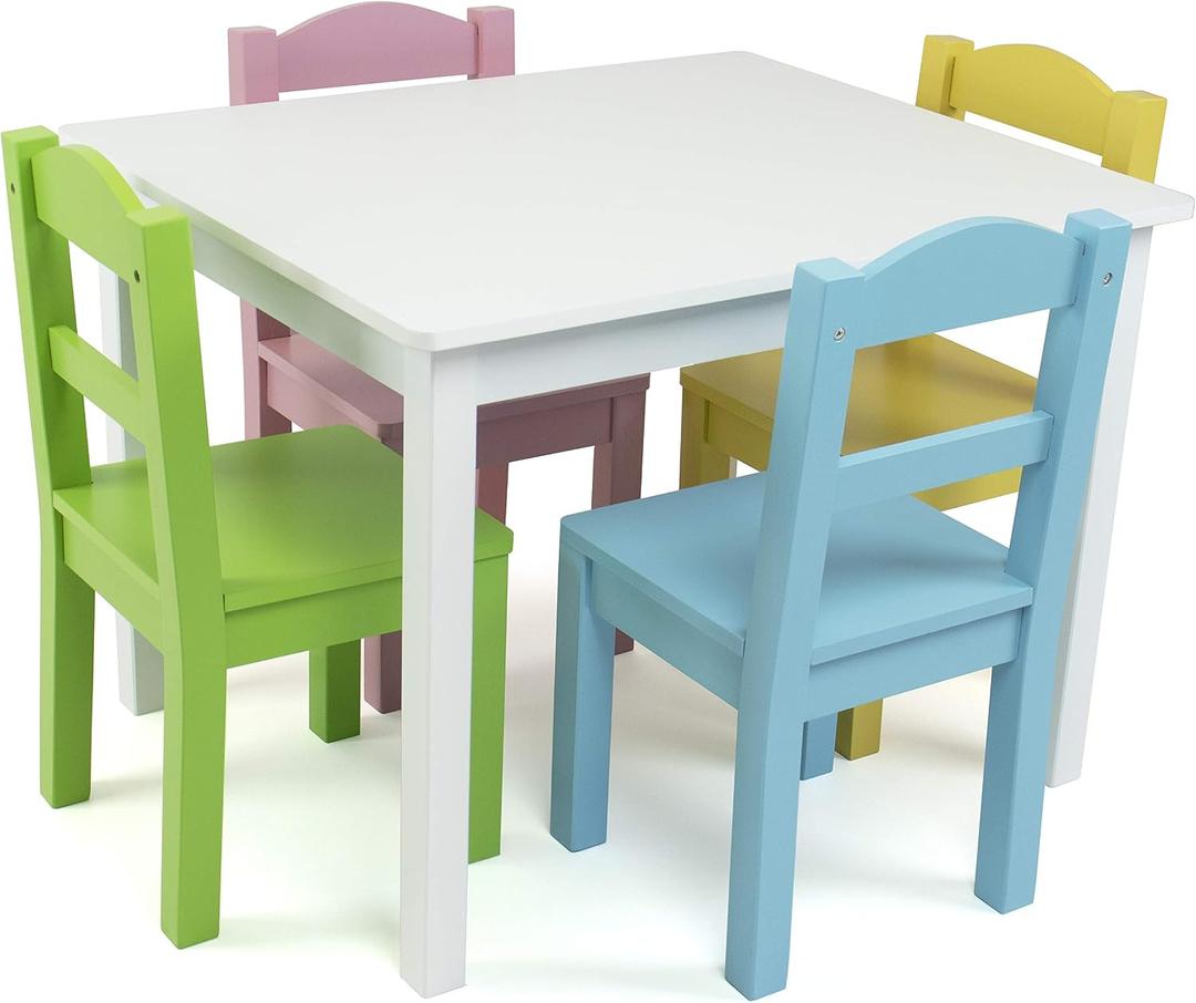 Humble Crew Kids Table and Chair Set, Toddler Activity Table with 4 Chairs for Play, Crafts, Snacks & Learning, Wooden Kids Furniture for Playroom & Bedroom, White/Pastel
